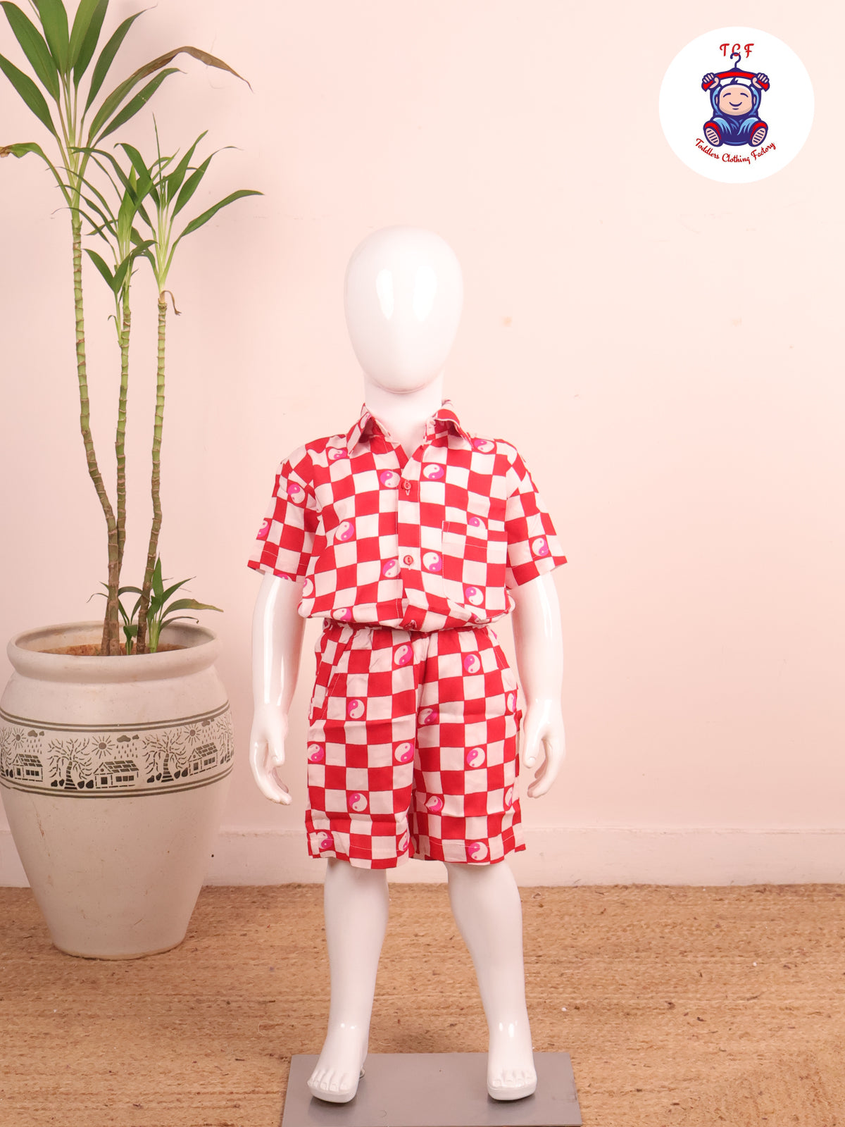 Red - Box Printed Spread Collor Shirt With Shorts