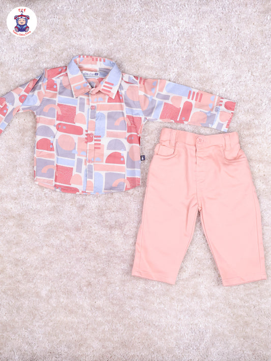 Peach & Grey - Printed Full Hand Shirt With Plain Pant