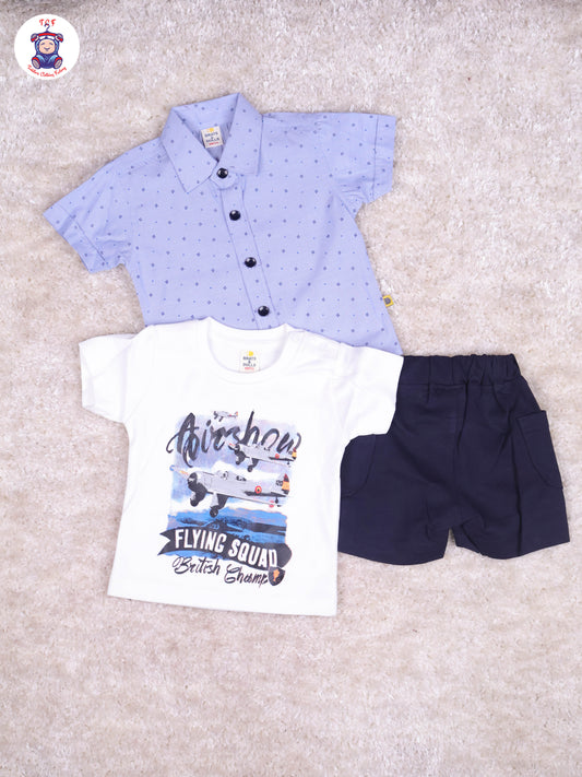 Ice Blue & White - T-Shirt With Navy Blue Shorts