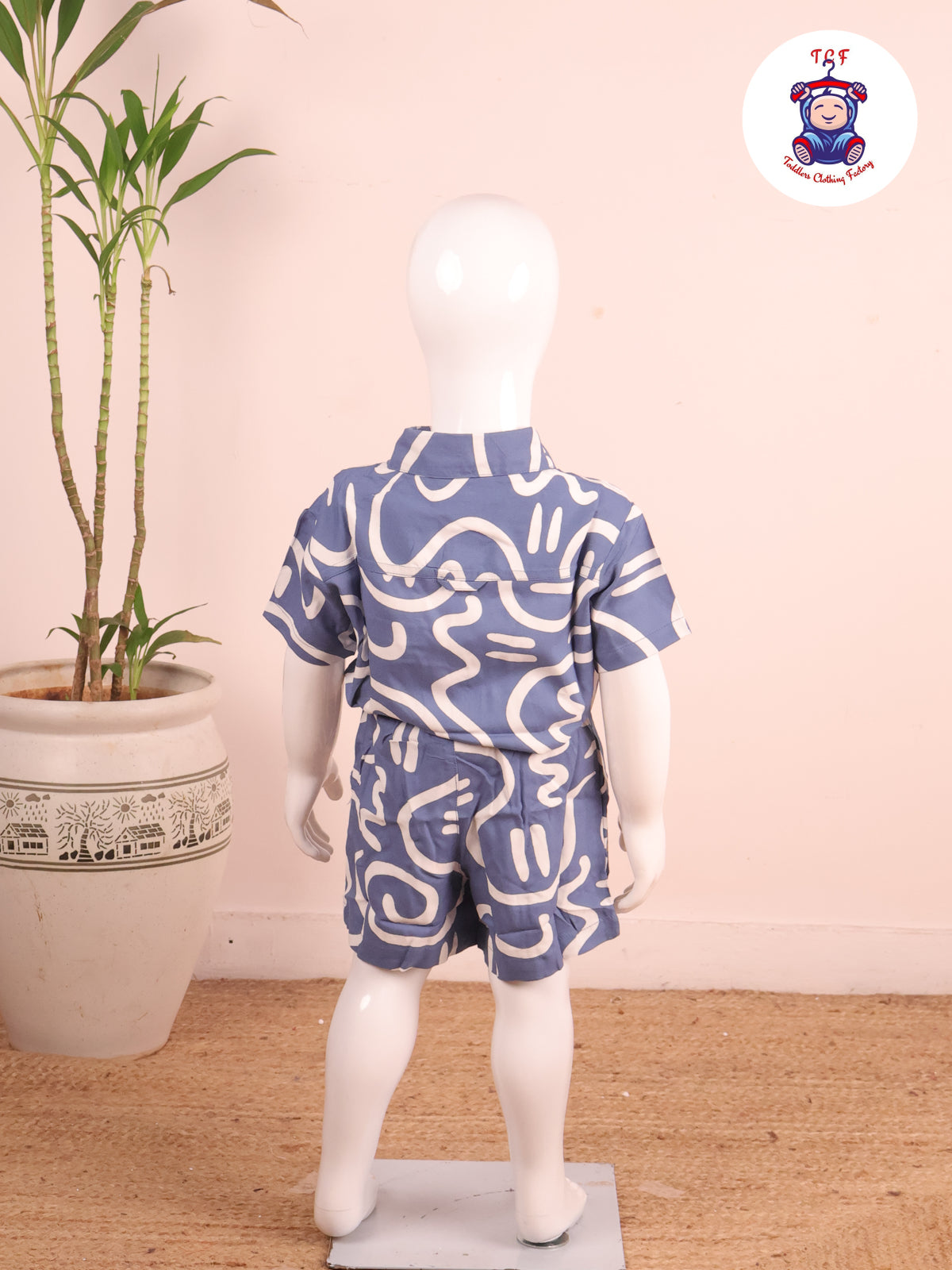 Sky Blue- Printed Collor Neck Shirt With Shorts