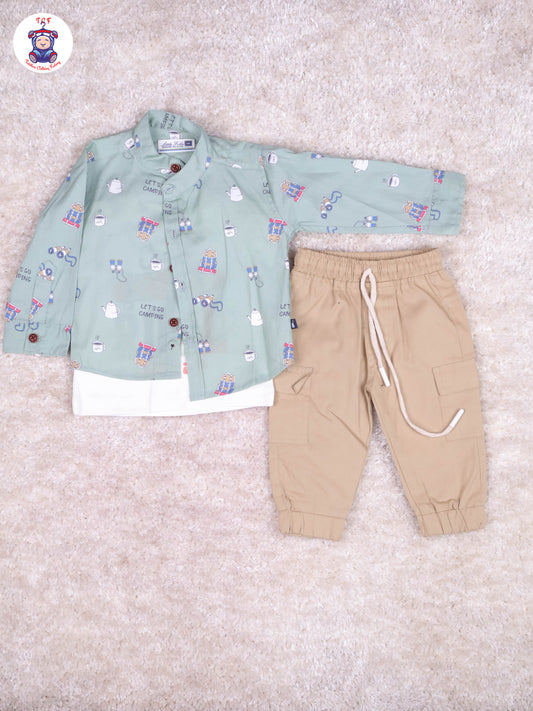 Light Green & Sandal Full Hand Shirt with t-Shirt & Pant