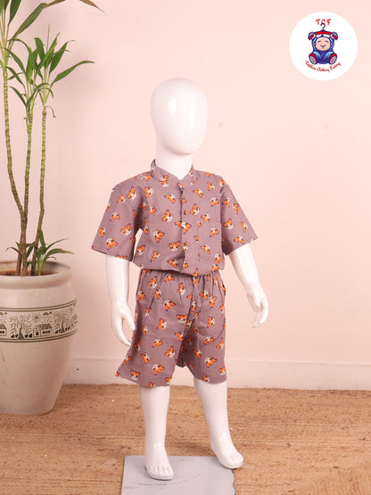 Light Lavender - Printed Pan Collor Neck Shirt With Shorts