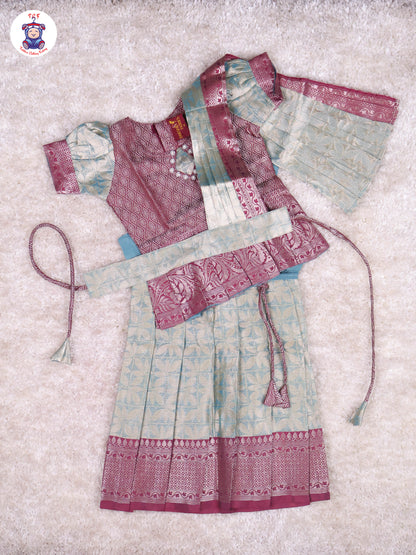 Maroon & Teal Blue - Girls Readymade Pavadai Sattai With Half Saree
