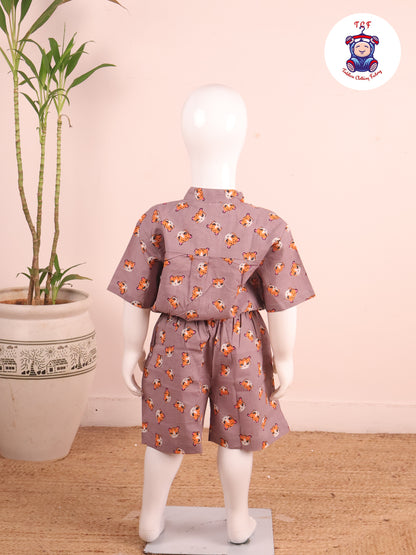 Light Lavender - Printed Pan Collor Neck Shirt With Shorts