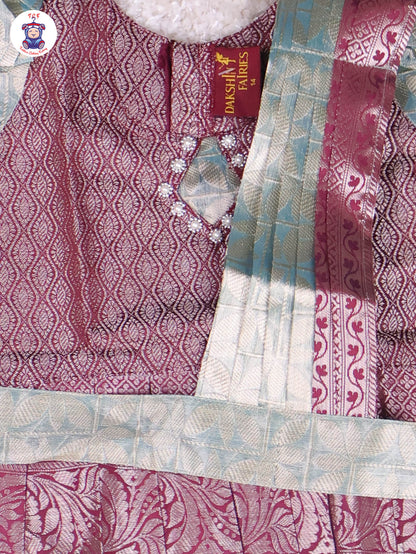 Maroon & Teal Blue - Girls Readymade Pavadai Sattai With Half Saree
