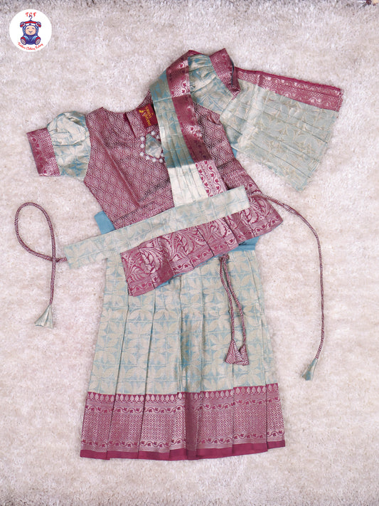 Maroon & Teal Blue - Girls Readymade Pavadai Sattai With Half Saree