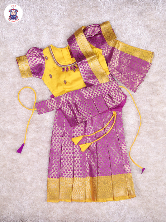 Yellow & Purple - Girls Readymade Pavadai Sattai With Half Saree