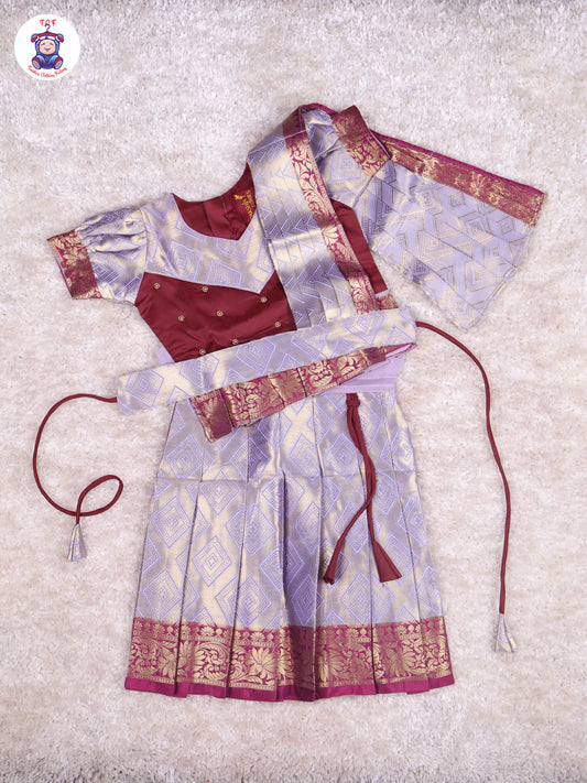 Maroon & Grey - Girls Readymade Pavadai Sattai With Half Saree