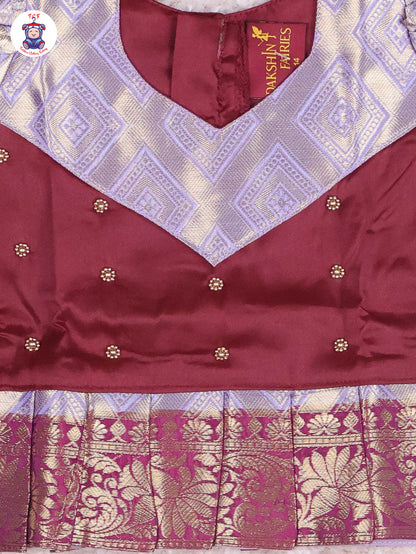Maroon & Grey - Girls Readymade Pavadai Sattai With Half Saree