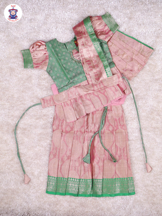 Green & Onion Pink - Girls Readymade Pavadai Sattai With Half Saree