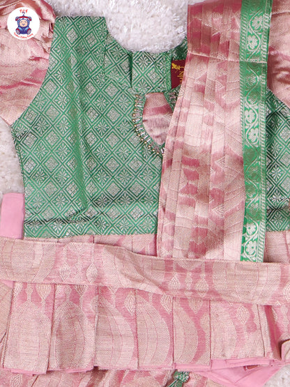 Green & Onion Pink - Girls Readymade Pavadai Sattai With Half Saree