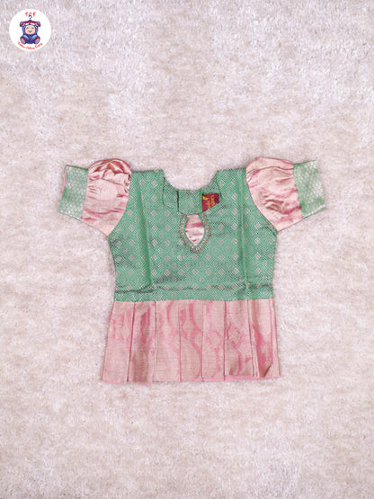 Green & Onion Pink - Girls Readymade Pavadai Sattai With Half Saree