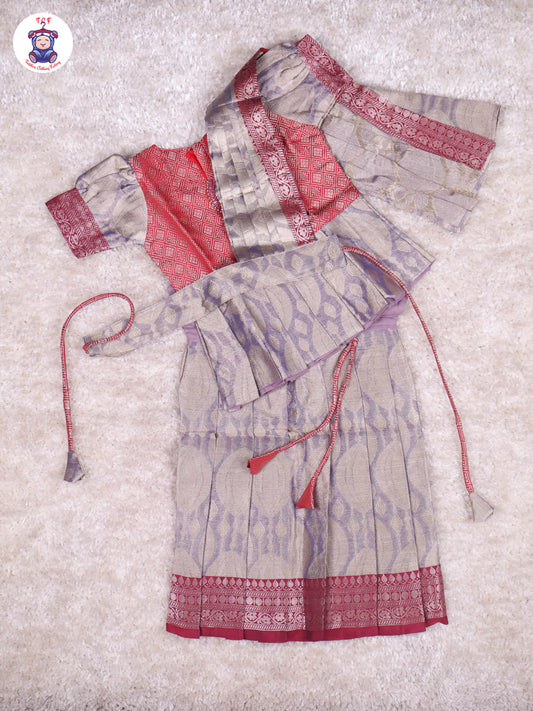 Red & Grey - Girls Readymade Pavadai Sattai With Half Saree
