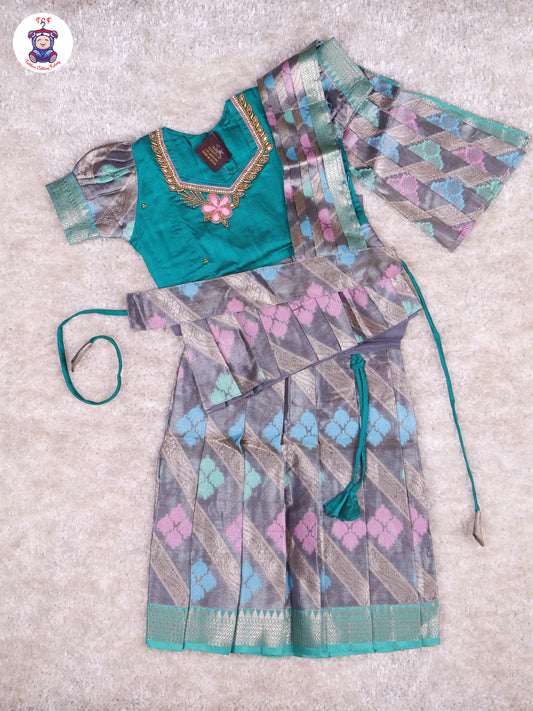 Green & Grey - Girls Readymade Pavadai Sattai With Half Saree