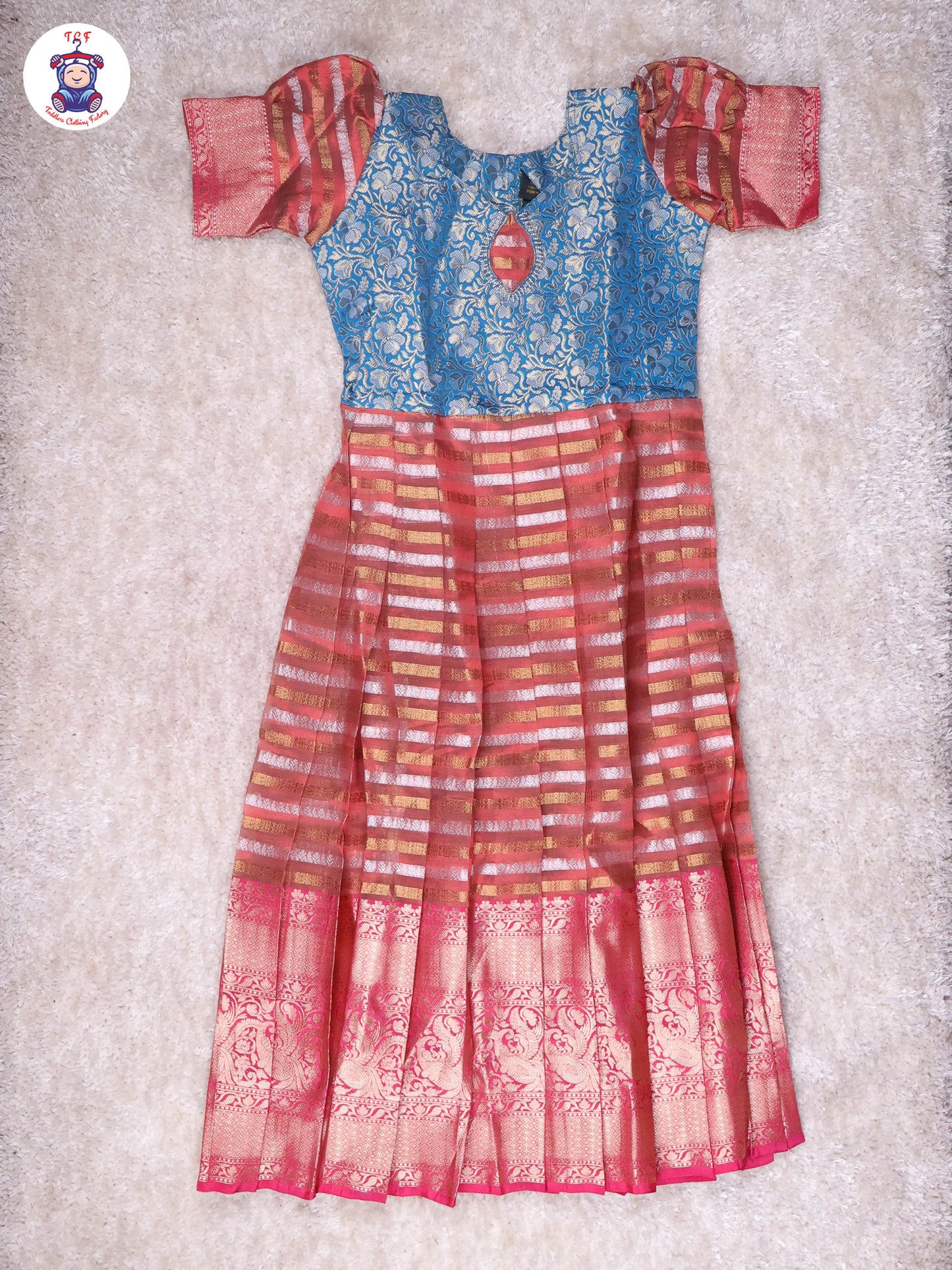 Teal Blue & Copper - Girls Readymade Long Frock