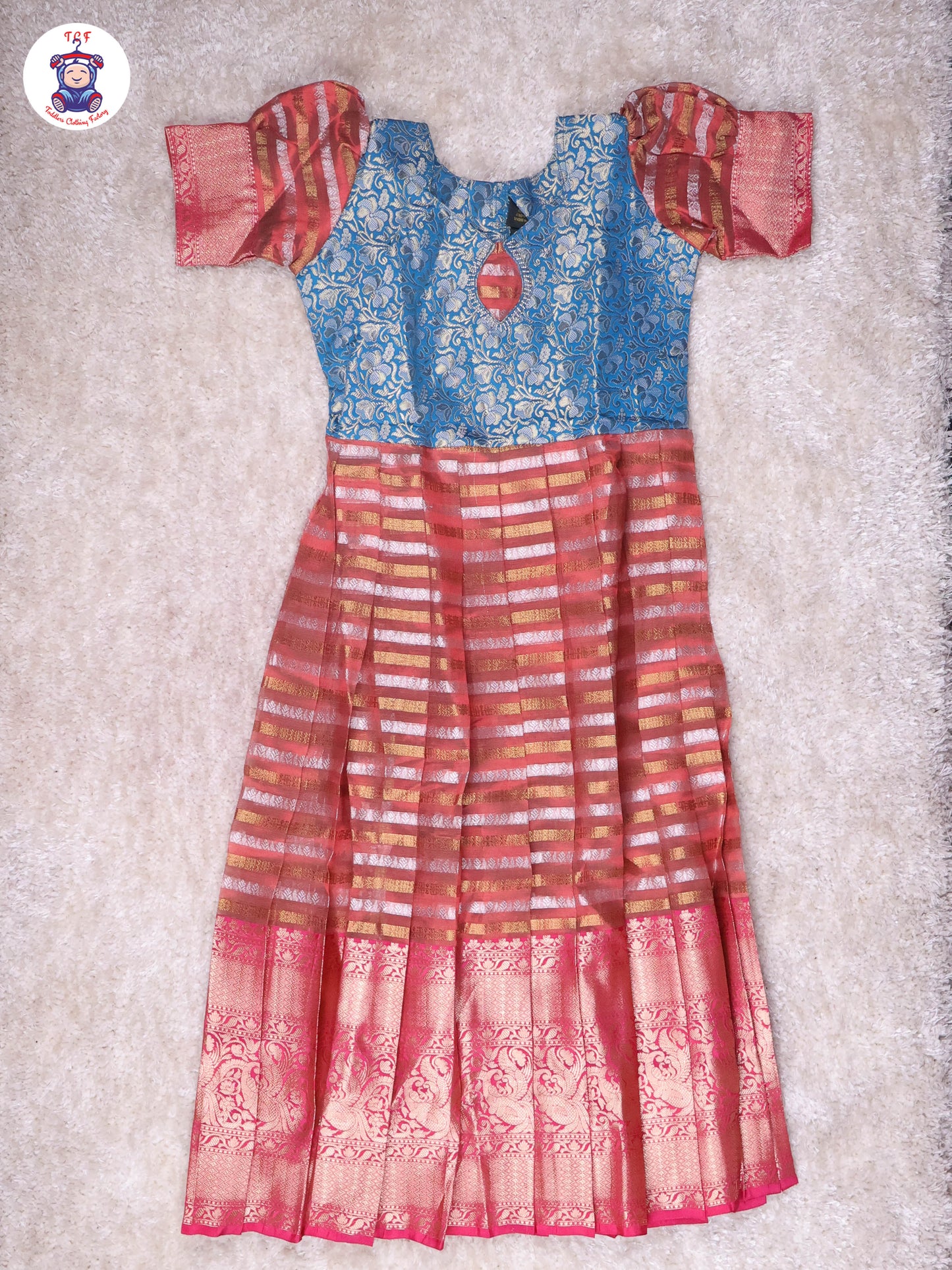 Teal Blue & Copper - Girls Readymade Long Frock