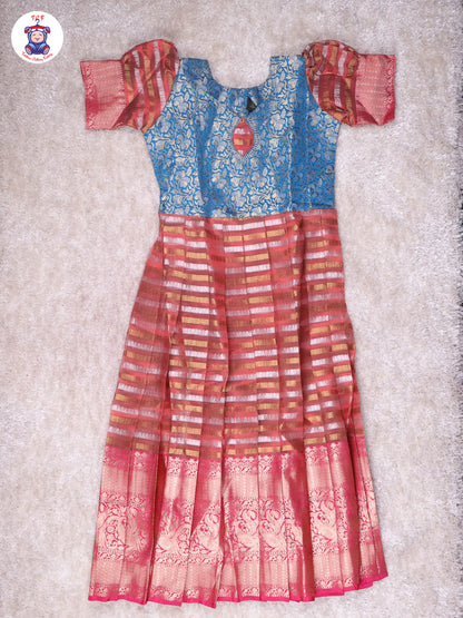 Teal Blue & Copper - Girls Readymade Long Frock