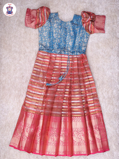 Teal Blue & Copper - Girls Readymade Long Frock