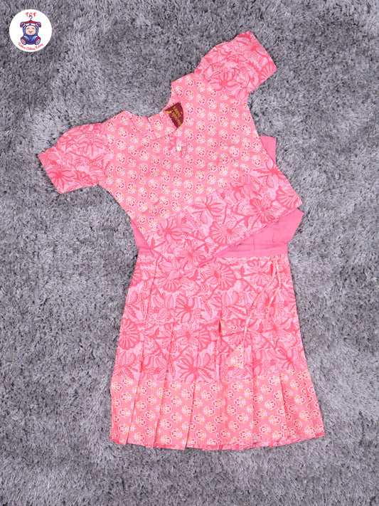 Light Pink Floral Printed - Cotton Pavadai Sattai
