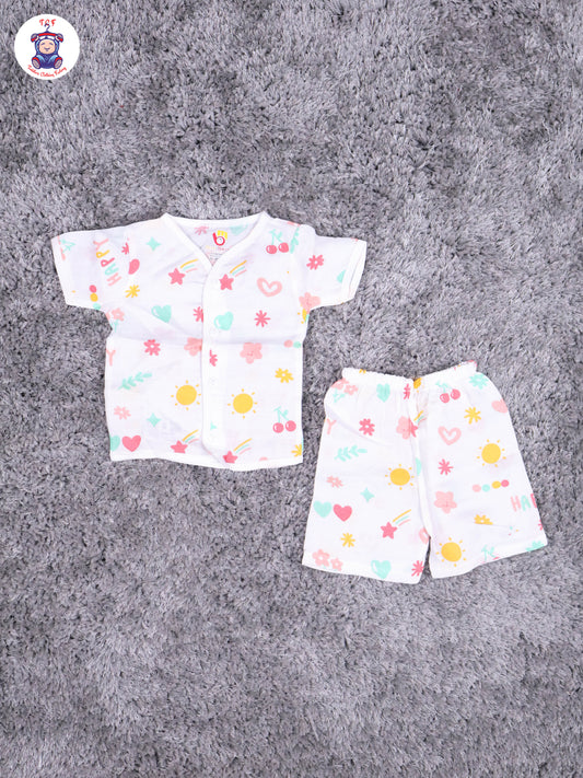 White Multi Cartoons Muslin Shirts & Shorts