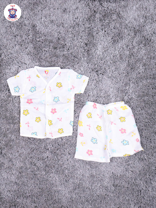 White Multi Cartoons Muslin Shirts & Shorts