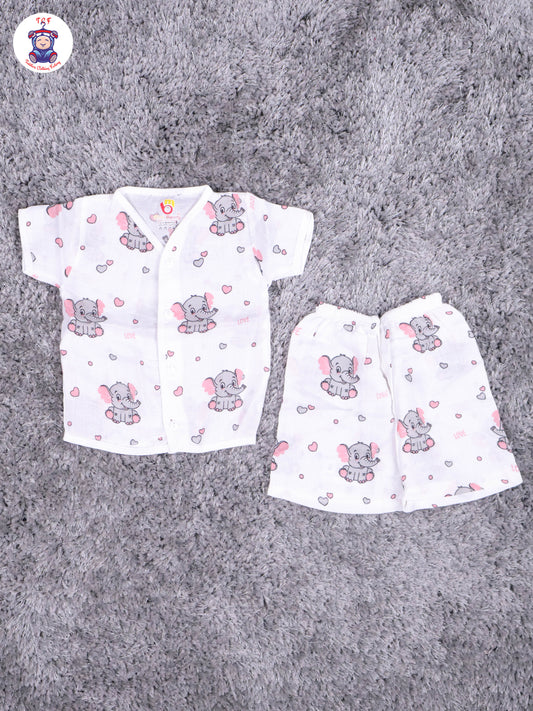 White Multi Cartoons Muslin Shirts & Shorts