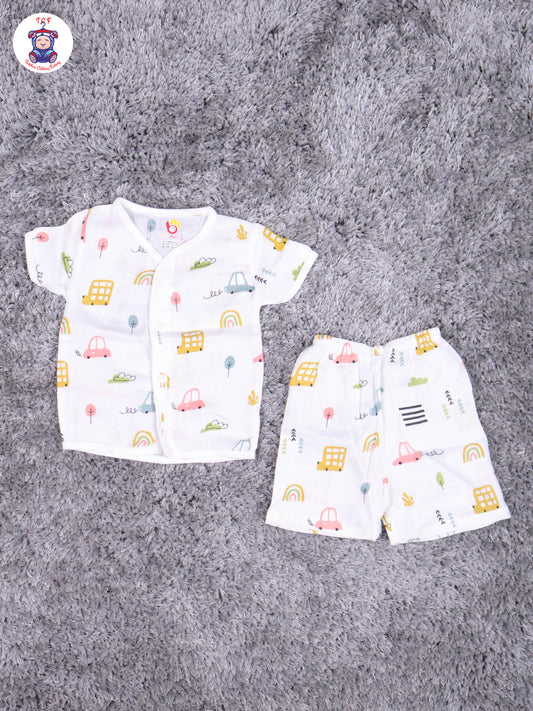 White Multi Cartoons Muslin Shirts & Shorts