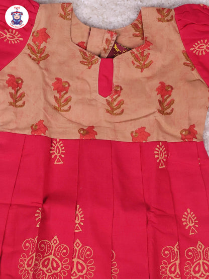 Cream & Red Floral - Girls Readymade Long Frock