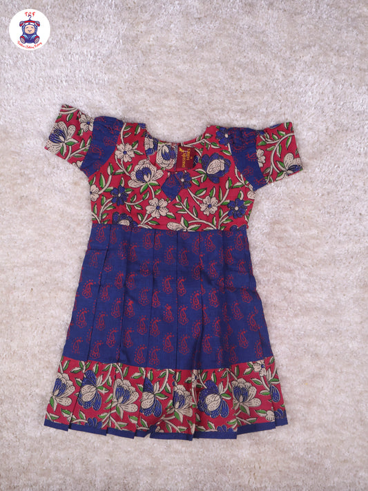 Magenta & Dark Blue Floral - Girls Readymade Long Frock