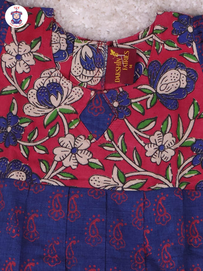 Magenta & Dark Blue Floral - Girls Readymade Long Frock