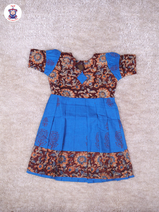 Dark Brown & Blue Floral - Girls Readymade Long Frock