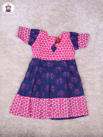 Pink & Dark Blue - Girls Readymade Long Frock