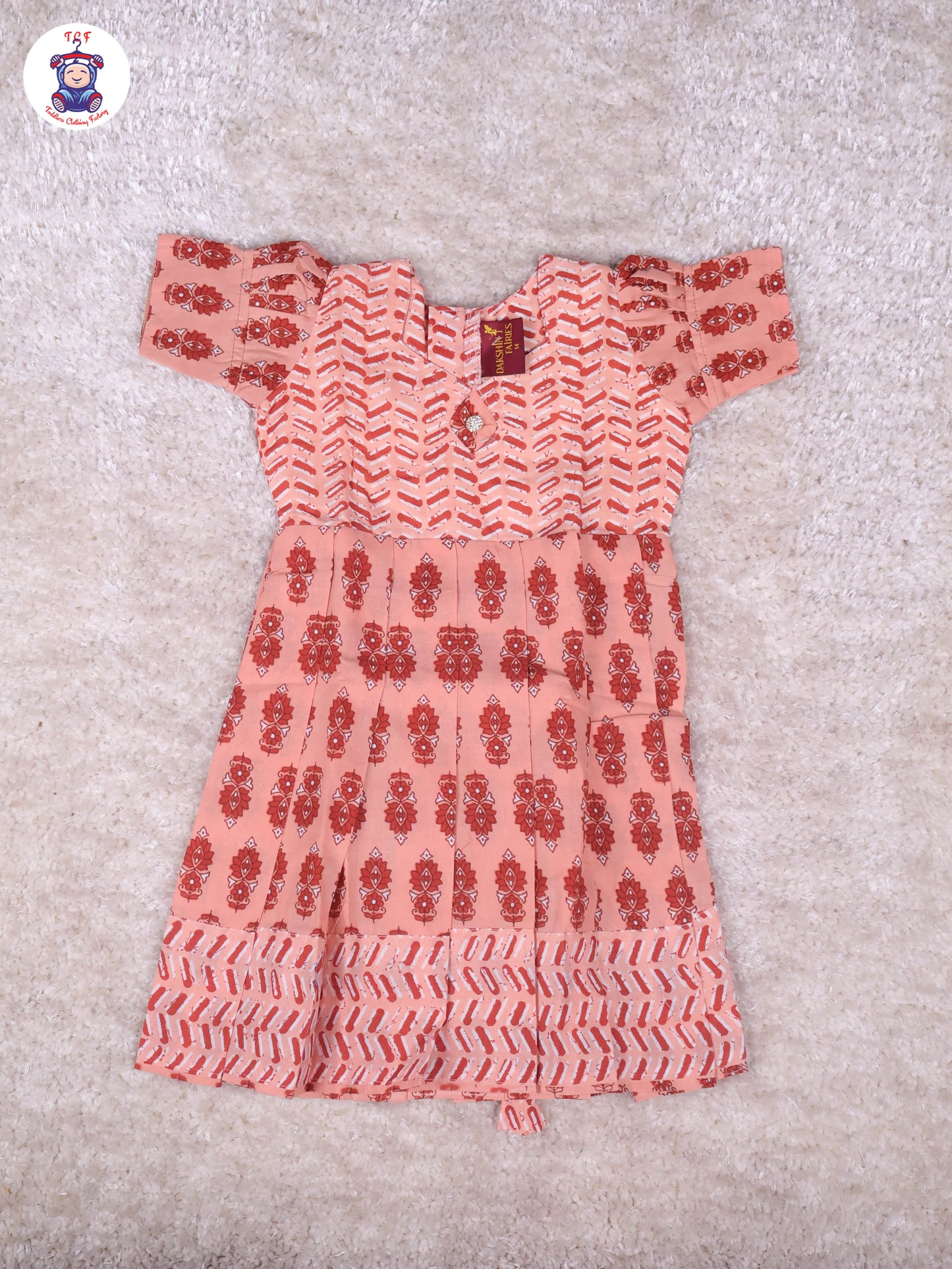 Peach & Reddish Brown Floral - Girls Readymade Long Frock