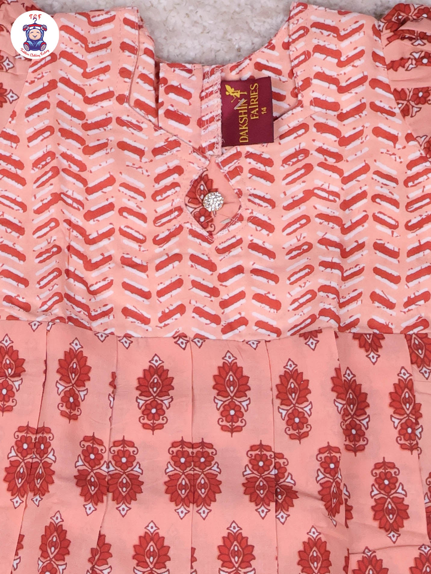 Peach & Reddish Brown Floral - Girls Readymade Long Frock