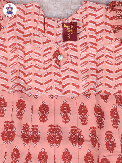 Peach & Reddish Brown Floral - Girls Readymade Long Frock