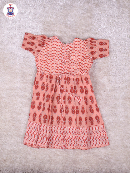 Peach & Reddish Brown Floral - Girls Readymade Long Frock