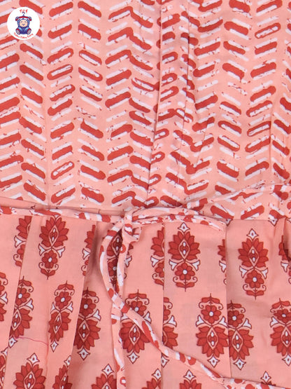 Peach & Reddish Brown Floral - Girls Readymade Long Frock