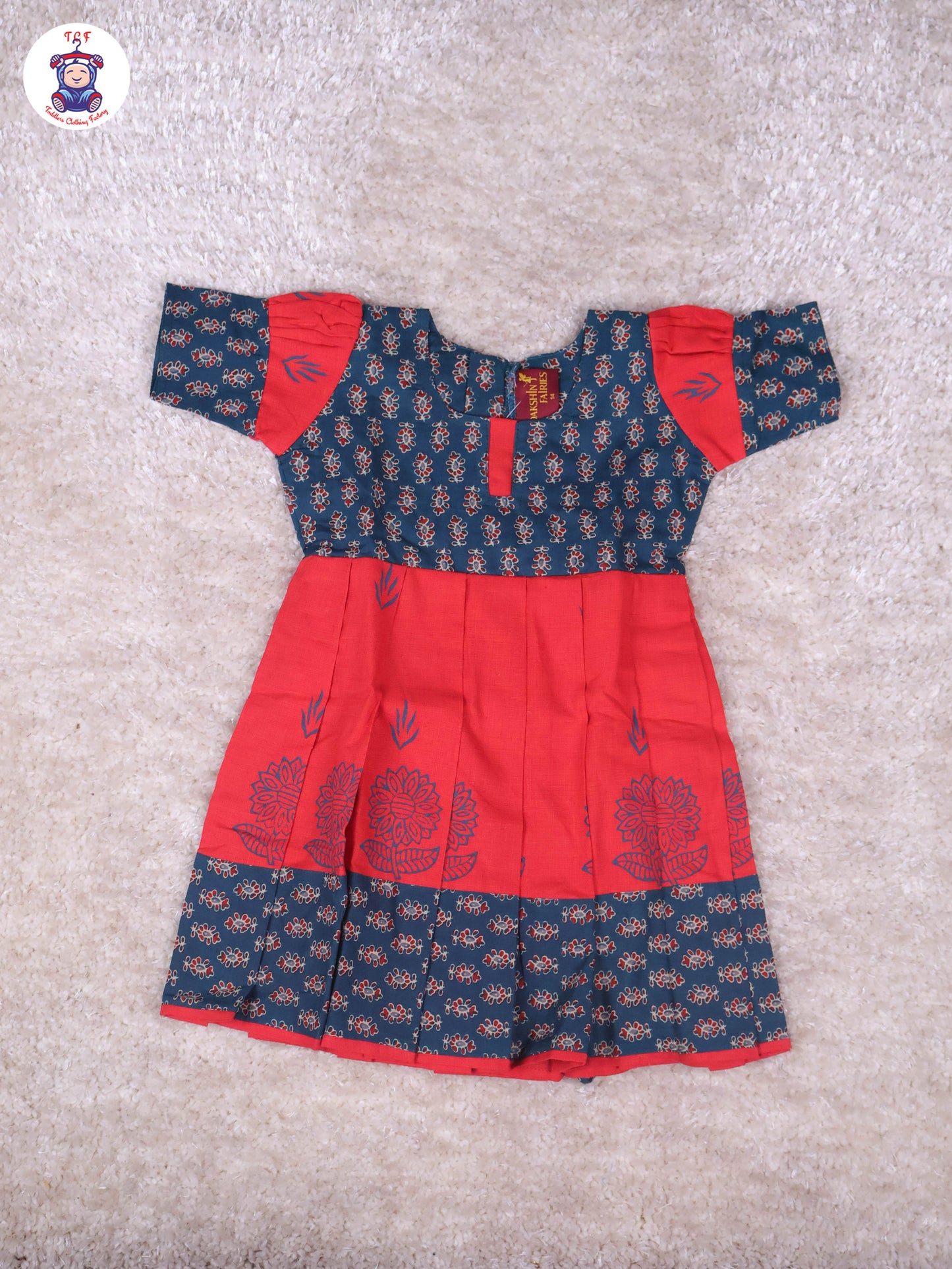 Teal Green & Red Floral - Girls Readymade Long Frock