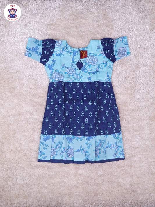 Sky Blue & Dark Blue Floral - Girls Readymade Long Frock