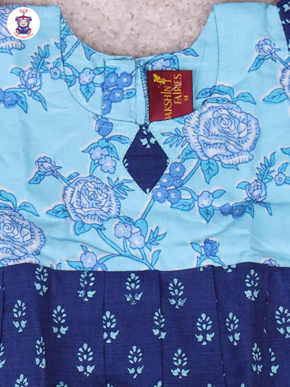 Sky Blue & Dark Blue Floral - Girls Readymade Long Frock