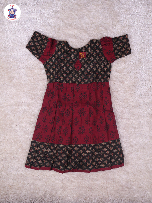 Black & Maroon Floral - Girls Readymade Long Frock