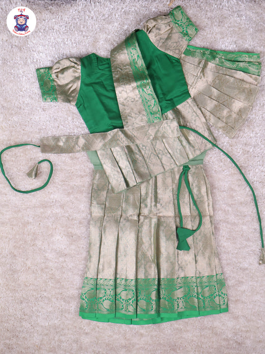 Green & Light Grey - Girls Readymade Pavadai Sattai With Half Saree