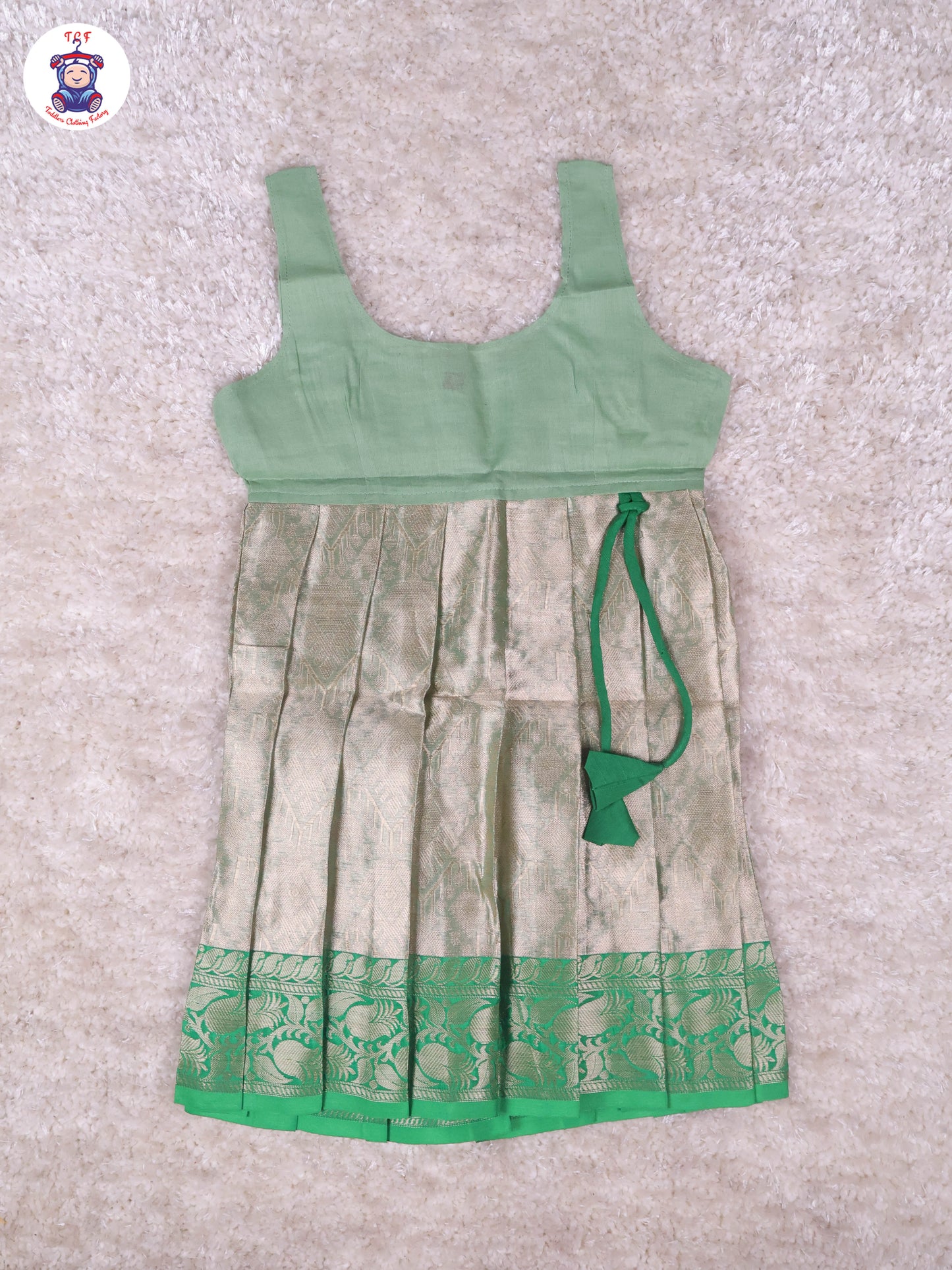 Green & Light Grey - Girls Readymade Pavadai Sattai With Half Saree