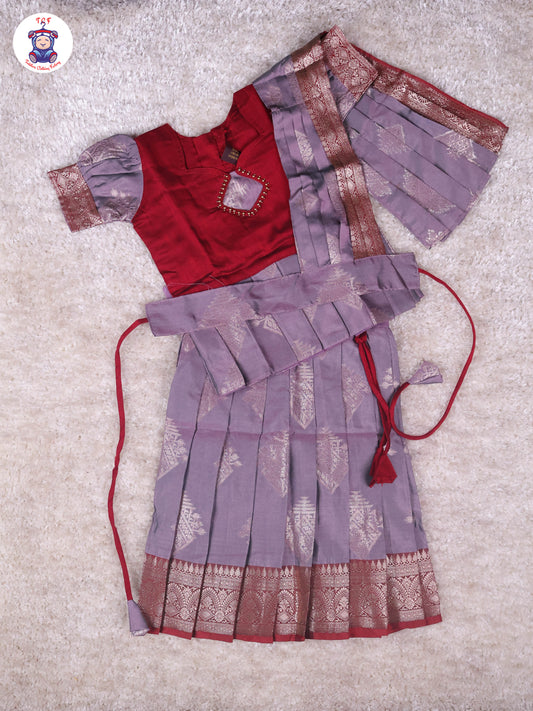 Maroon & Grey - Girls Readymade Pavadai Sattai With Half Saree