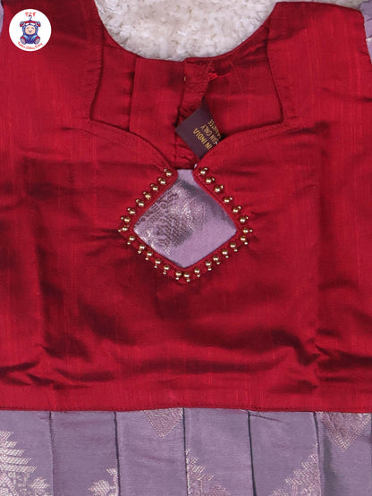 Maroon & Grey - Girls Readymade Pavadai Sattai With Half Saree