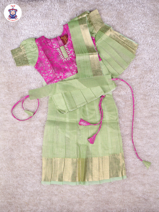 Pink & Pastel Green - Girls Readymade Pavadai Sattai With Half Saree
