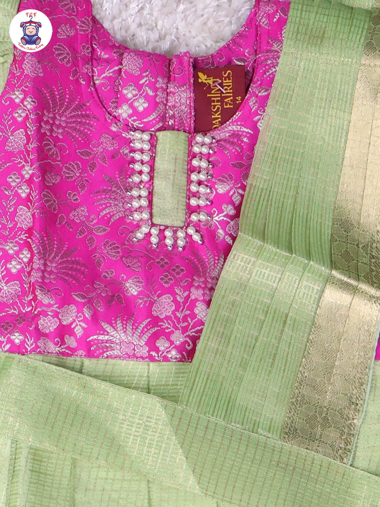 Pink & Pastel Green - Girls Readymade Pavadai Sattai With Half Saree