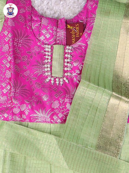 Pink & Pastel Green - Girls Readymade Pavadai Sattai With Half Saree