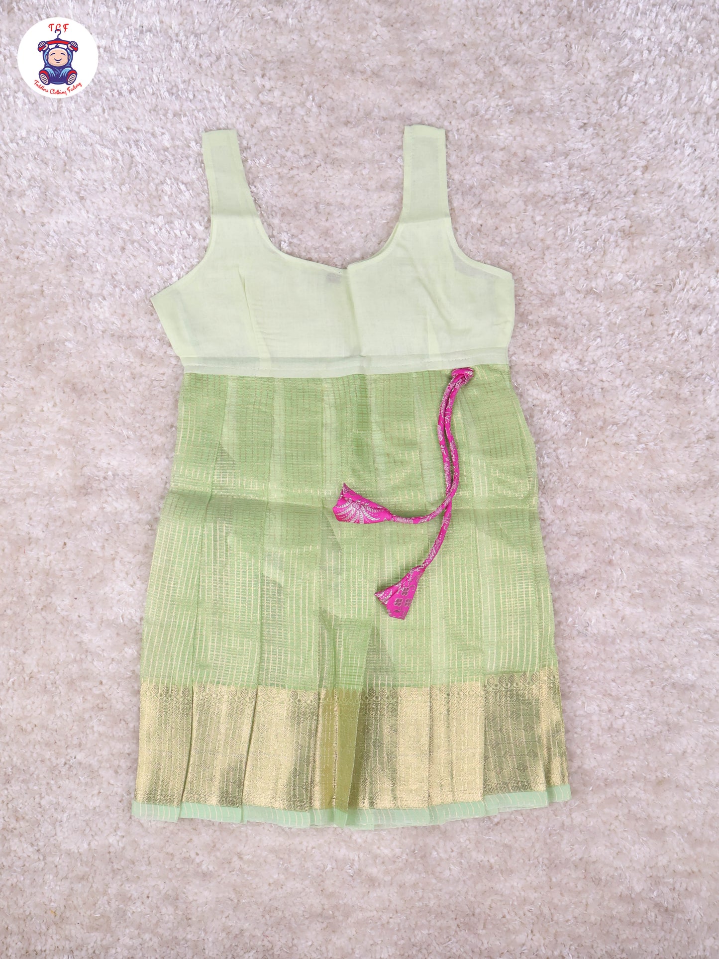 Pink & Pastel Green - Girls Readymade Pavadai Sattai With Half Saree