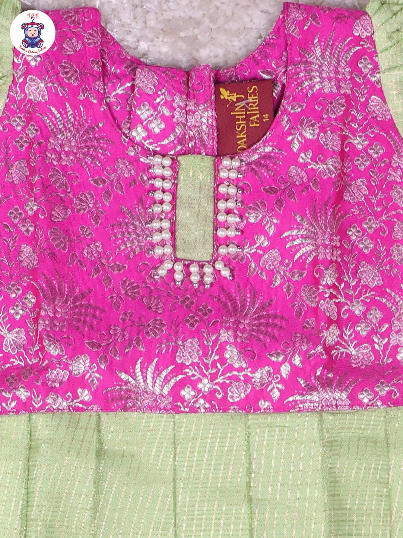 Pink & Pastel Green - Girls Readymade Pavadai Sattai With Half Saree